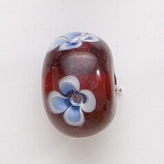 Bead, Lampwork Glass, 20x14mm Rondelle Shape with Blue / Yellow flower design on Rose color bead (Hole size 2.75mm)