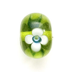 Bead, Lampwork Glass, 20x14mm Rondelle Shape with White / Blue flower design on Chartreuse color bead (Hole Size 2.75mm)