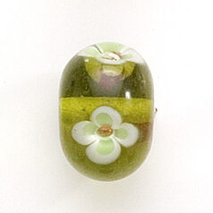 Bead, Lampwork Glass, 20x14mm Rondelle Shape with White / Rose flower design on Chartreuse color bead (Hole Size 2.75mm)