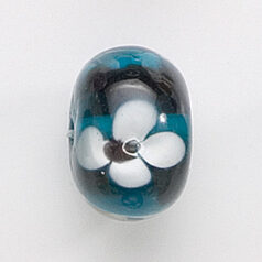 Bead, Lampwork Glass, 20x14mm Rondelle Shape with White / Rose flower design on Teal color bead (Hole Size 2.75mm)
