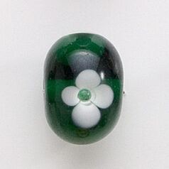 Bead, Lampwork Glass, 20x14mm Rondelle Shape with White / Yellow flower design on Emerald color bead (Hole Size 2.75mm)