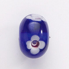 Bead, Lampwork Glass, 20x14mm Rondelle Shape with White / Rose flower design on Cobalt color bead (Hole Size 2.75mm)