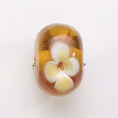 Bead, Lampwork Glass, 20x14mm Rondelle Shape with White / Red flower design on Topaz color bead (Hole Size 2.75mm)