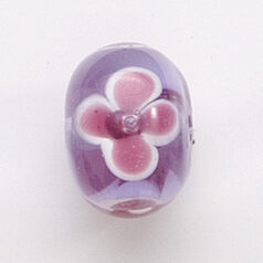 Bead, Lampwork Glass, 20x14mm Rondelle Shape with White / Pink flower design on Alexandrite color bead (Hole Size 2.75mm)