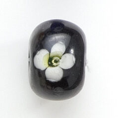 Bead, Lampwork Glass, 20x14mm Rondelle Shape with White / Green flower design on Black color bead (Hole Size 2.75mm)