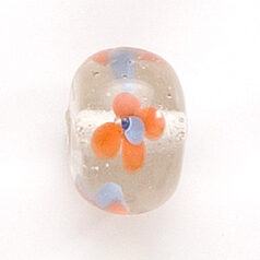 Bead, Lampwork Glass, 20x14mm Rondelle Shape with Orange / Blue flower design on Crystal bead (Hole Size 2.75mm)