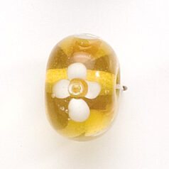 Bead, Lampwork Glass, 20x14mm Rondelle Shape with White flower design on Topaz color bead (Hole Size 2.75mm)