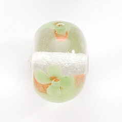 Bead, Lampwork Glass, 20x14mm Rondelle Shape with Green / Orange flower design on Crystal bead (Hole Size 2.75mm)