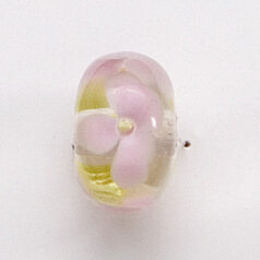 Bead, Lampwork Glass, 20x14mm Rondelle Shape with Pink / Yellow flower design on Crystal bead (Hole Size 2.75mm)