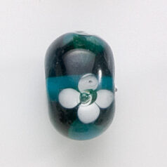 Bead, Lampwork Glass, 20x14mm Rondelle Shape with White / Yellow flower design on Teal color bead (Hole Size 2.75mm)