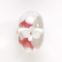 Bead, Lampwork Glass, 20x14mm Rondelle Shape with White / Rose flower design on Crystal Bead (Hole Size 2.75mm)