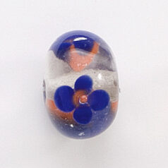 Bead, Lampwork Glass, 20x14mm Rondelle Shape with Cobalt / Orange flower design on Crystal Bead (Hole Size 2.75mm)