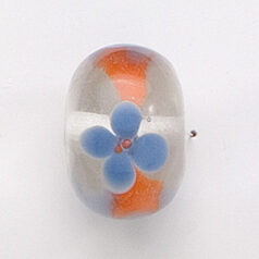 Bead, Lampwork Glass, 20x14mm Rondelle Shape with Blue / Orange flower design on Crystal Bead (Hole Size 2.75mm)