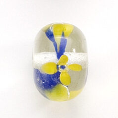 Bead, Lampwork Glass, 20x14mm Rondelle Shape with Yellow / Blue flower design on Crystal bead (Hole Size 2.75mm)