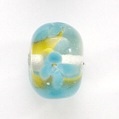 Bead, Lampwork Glass, 20x14mm Rondelle Shape with Blue / Yellow flower design on Crystal bead (Hole Size 2.75mm)