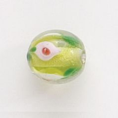 Bead, Lampwork Glass, 12mm Round, Crystal Glass handcrafted with Chartreuse Lily Flower design inside the bead  (Hole Size 2mm)