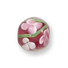 Bead, Lampwork Glass, 12mm Round, handcrafted with Flower and Green Vine design on Rose (Hole Size: 2mm)