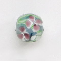 Bead, Lampwork Glass, 12mm Round, handcrafted with Flower and Green Vine design on Light Sapphire (Hole Size: 2mm)