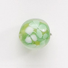 Bead, Lampwork Glass, 12mm Round, handcrafted with Flower and Green Vine design on Chartreuse (Hole Size: 2mm)