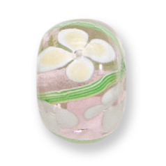 Bead, Lampwork Glass, 20x14mm Rondelle, handcrafted with Flower and Green Vine design on Crystal (Hole Size 2.8mm)