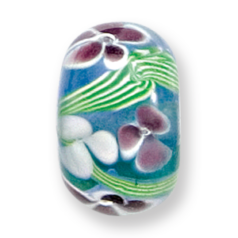 Bead, Lampwork Glass, 20x14mm Rondelle, handcrafted with Flower and Green Vine design on Light Sapphire (Hole Size 2.8mm)