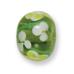Bead, Lampwork Glass, 20x14mm Rondelle, handcrafted with Flower and Green Vine design on Chartreuse  (Hole Size 2.8mm)