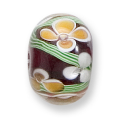 Bead, Lampwork Glass, 20x14mm Rondelle, handcrafted with Flower and Green Vine design on Amethyst (Hole Size 2.8mm)
