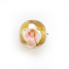 Bead, Lampwork Glass, 12mm Round with Flower design on Topaz (Hole Size 2mm)