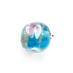 Bead, Lampwork Glass, 12mm Round with Flower design on Aqua (Hole Size 2mm)