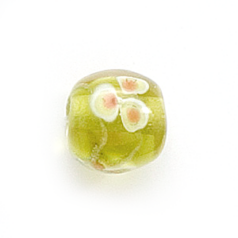 Bead, Lampwork Glass, 12mm Round with Flower design on Chartreuse (Hole Size 2mm)