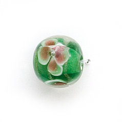 Bead, Lampwork Glass, 12mm Round with Flower design on Emerald (Hole Size 2mm)