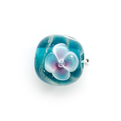 Bead, Lampwork Glass, 12mm Round with Flower design on Teal (Hole Size 2mm)