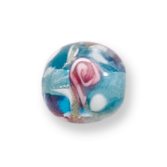 Bead, Lampwork Glass, 12mm Round with Rose design on Aqua (Hole Size 2mm)