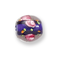 Bead, Lampwork Glass, 12mm Round with  Rose pattern (Hole Size 2.6mm)