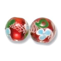 Bead, Lampwork Glass, 12mm Round with Flower pattern on Blue (Hole Size 2.5mm)