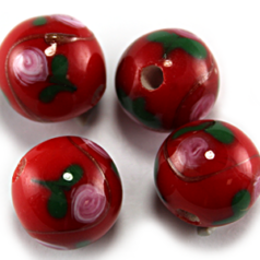 Bead, Lampwork Glass, 12mm Round with Rose design on Opaque Red (Hole Size 2.5mm)