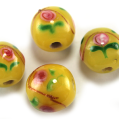 Bead, Lampwork Glass, 12mm Round with Rose design on Opaque Yellow (Hole Size 2.5mm)
