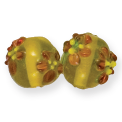 Bead, Lampwork Glass, 10mm Round shape with a raised Flower pattern on Amber color bead (Hole Size 2.6mm)