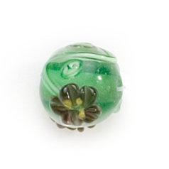 Bead, Lampwork Glass, 10mm Round shape with a raised Flower pattern on Emerald color bead (Hole Size 2.6mm)
