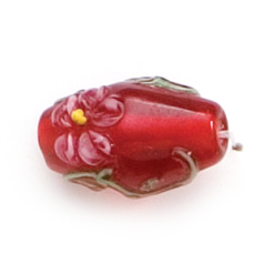 Bead, Lampwork Glass, 16x10mm Oval shape with a raised Flower Design on red color bead (Hole Size 2.25mm)