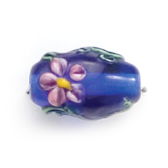 Bead, Lampwork Glass, 16x10mm Oval shape with a raised Flower Design on Cobalt color bead (Hole Size 2.25mm)