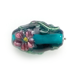 Bead, Lampwork Glass, 16x10mm Oval shape with a raised Flower Design on Teal color bead (Hole Size 2.25mm)