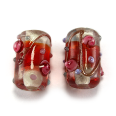 Bead, Lampwork Glass, 15x8mm Tube with raised Rose Dots Pattern on Red color bead (Hole Size 2.25mm)