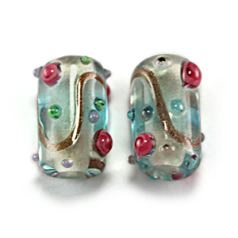 Bead, Lampwork Glass, 15x8mm Tube with raised Rose Dots Pattern on Aqua color bead (Hole Size 2.25mm)