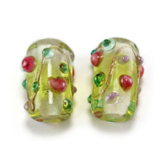 Bead, Lampwork Glass, 15x8mm Tube with raised Rose Dots Pattern on Chartreuse color bead (Hole Size 2.25mm)