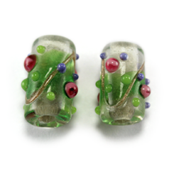Bead, Lampwork Glass, 15x8mm Tube with raised Rose Dots Pattern on Emerald color bead (Hole Size 2.25mm)
