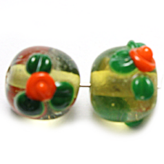 Bead, Lampwork Glass,10mm Round Transparent Glass with Amber Colourlined and raised Rose Flower design(Hole Size 2.5mm)