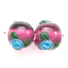 Bead, Lampwork Glass,10mm Round Transparent Glass with Rose Colourlined and raised Rose Flower design(Hole Size 2.5mm)