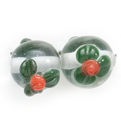 Bead, Lampwork Glass,10mm Round Transparent Glass with Light Sapphire Colourlined and raised Rose Flower design(Hole Size 2.5mm)