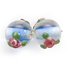 Bead, Lampwork Glass,10mm Round Transparent Glass with Cobalt Colourlined and raised Rose Flower design(Hole Size 2.5mm)